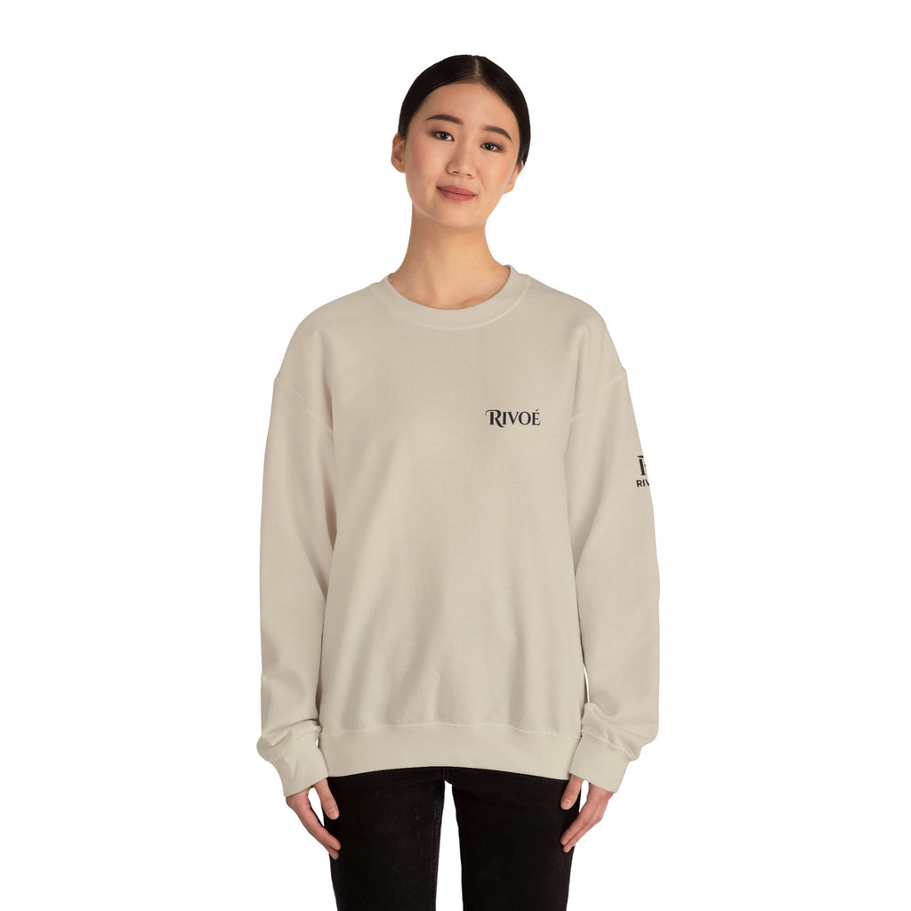 Minimal 'RIVOÉ' White Crewneck Sweatshirt – Small Chest Logo, Casual Unisex Pullover