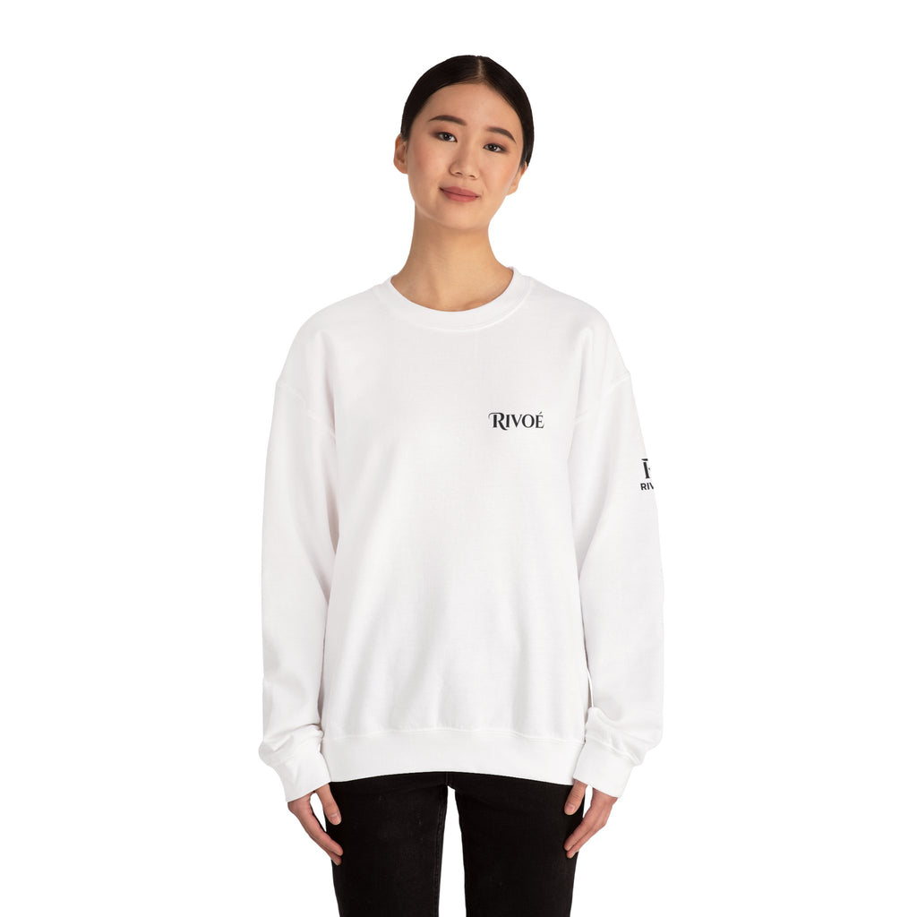 Minimal 'RIVOÉ' White Crewneck Sweatshirt – Small Chest Logo, Casual Unisex Pullover