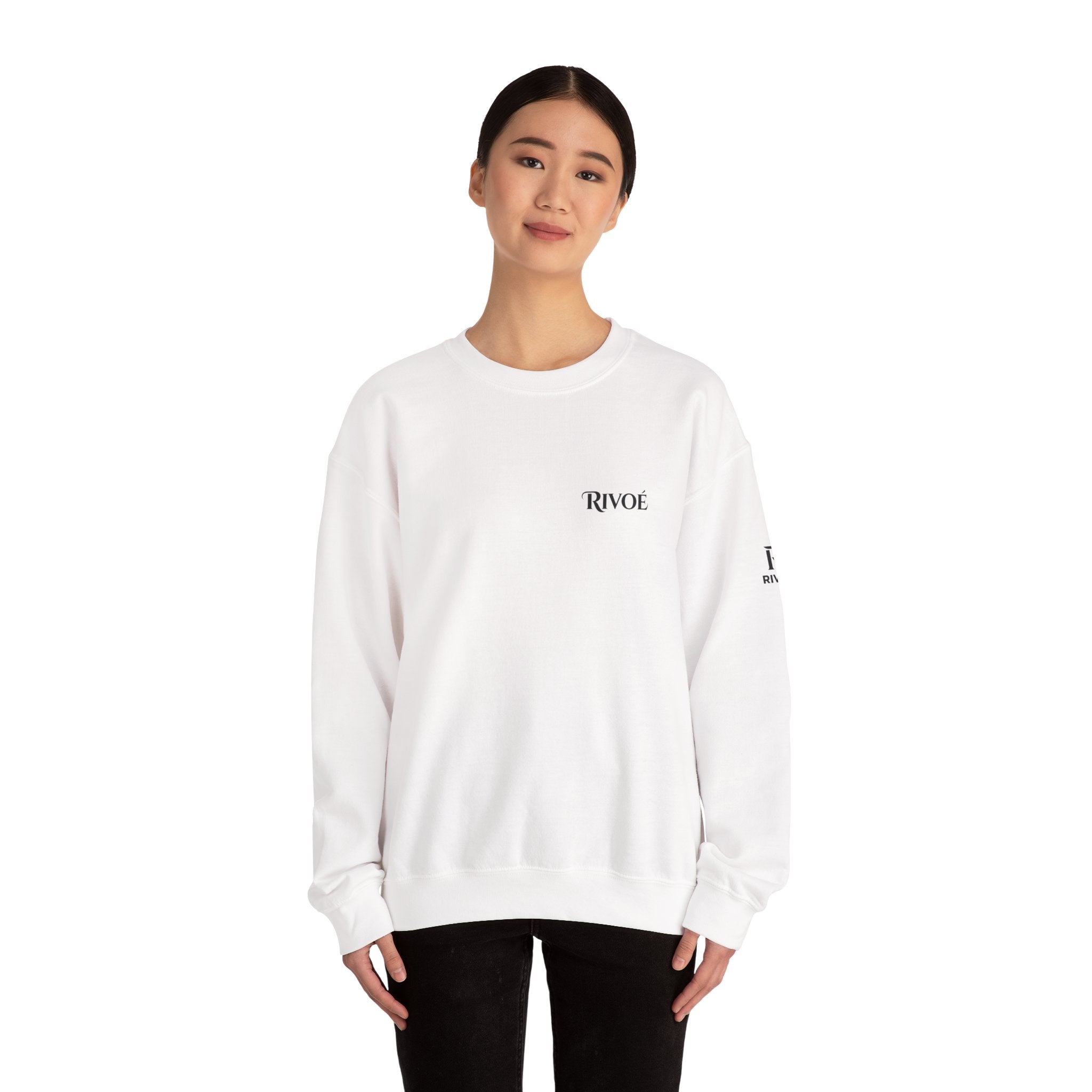 Minimal 'RIVOÉ' White Crewneck Sweatshirt – Small Chest Logo, Casual Unisex Pullover