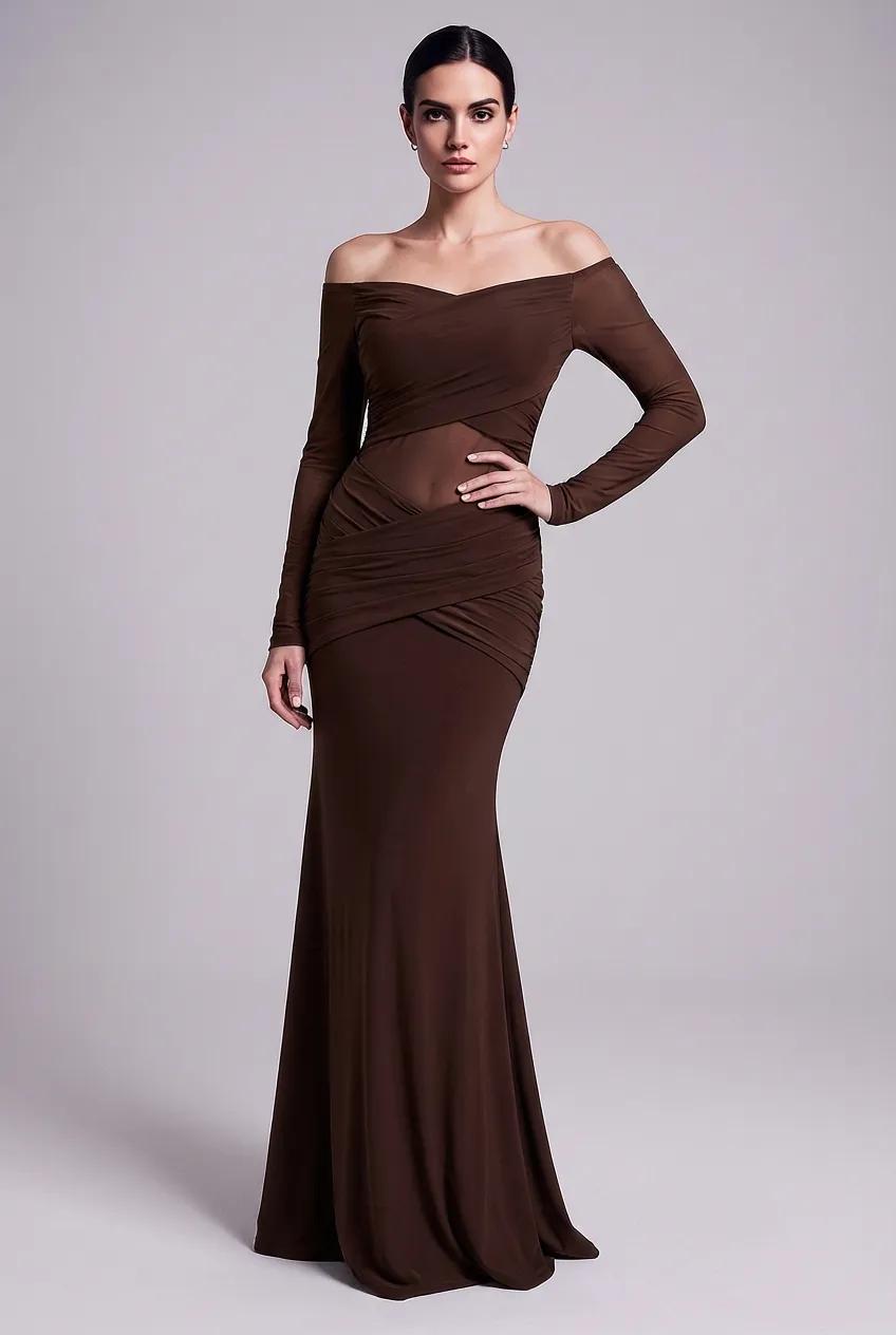 Off-Shoulder Ruched Mesh Long Sleeve Maxi Dress