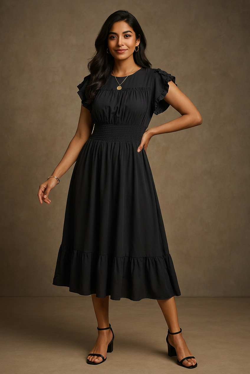 Smocked Frill Round Neck Midi Dress