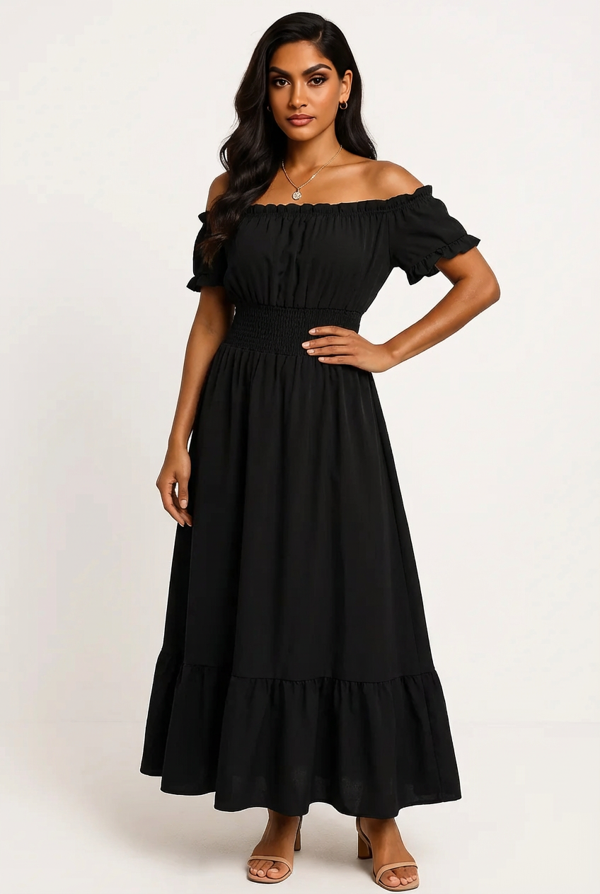 Smocked Frill Round Neck Midi Dress