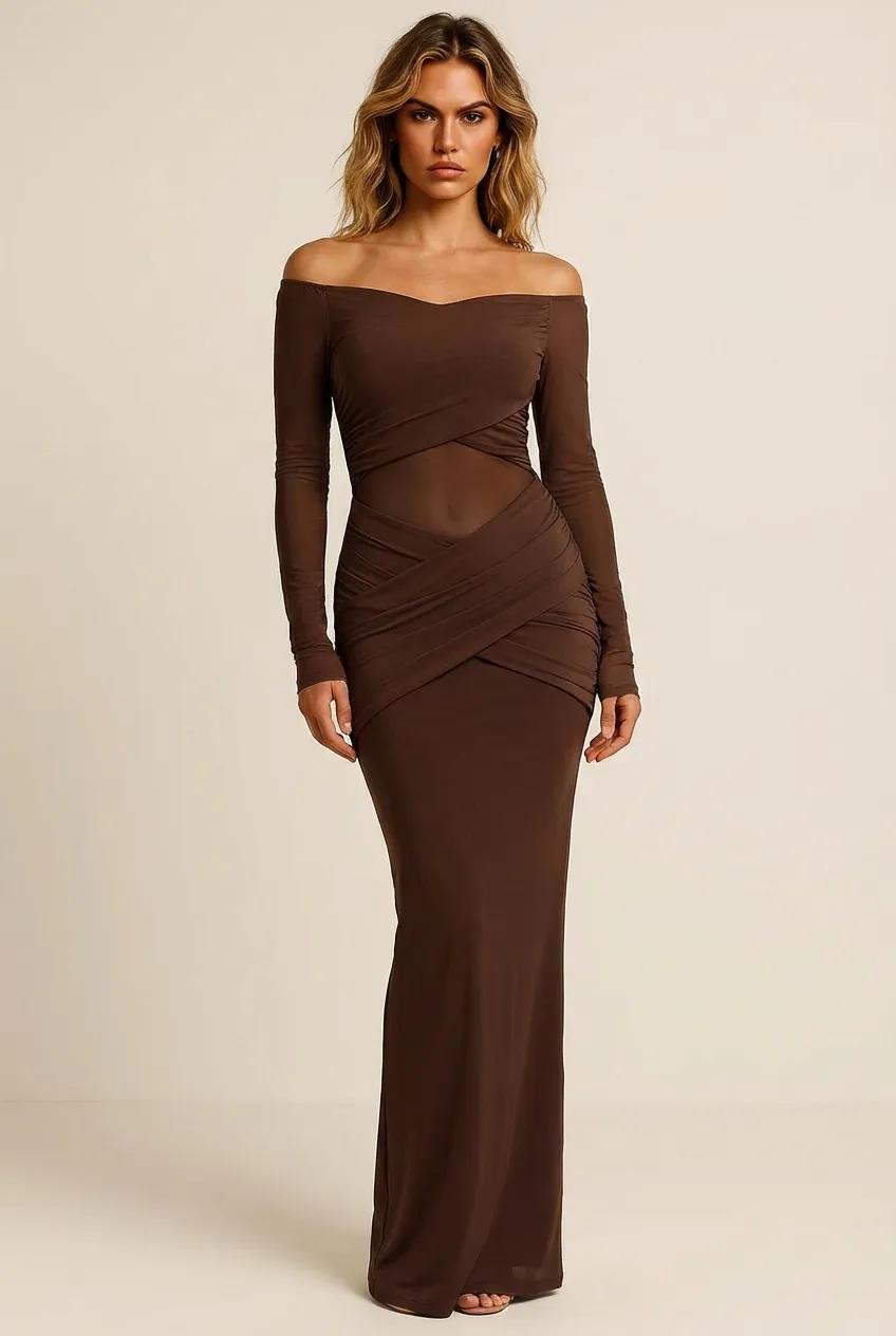 Off-Shoulder Ruched Mesh Long Sleeve Maxi Dress