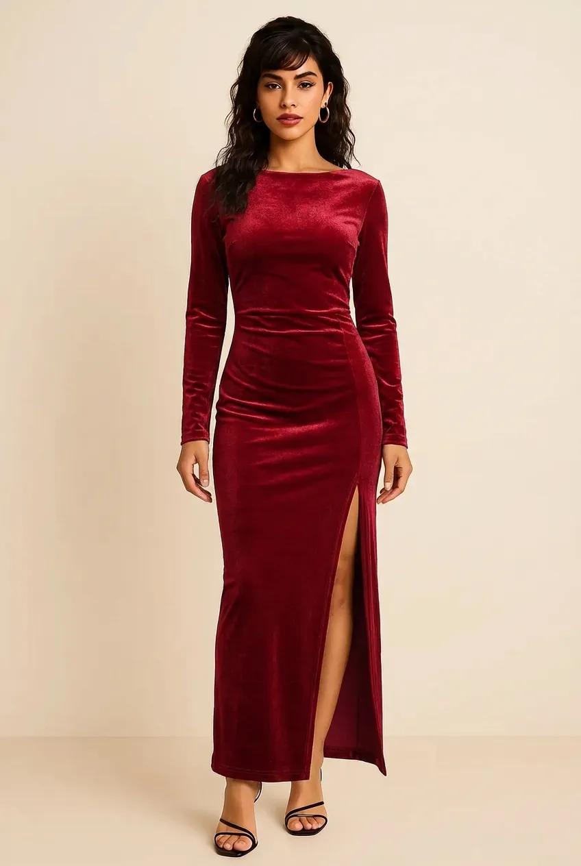 Ruched Velvet Long Sleeve Slit Dress