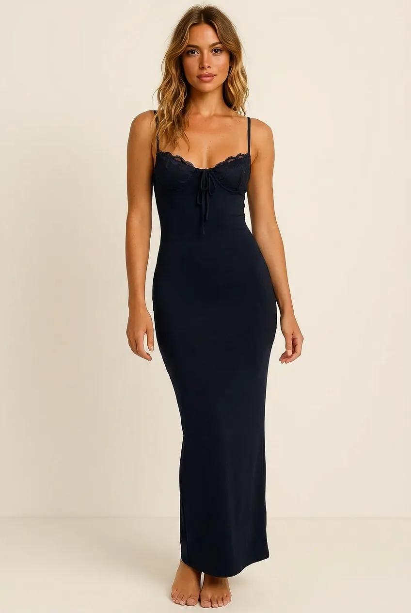 Lace Trim Cutout Back Bodycon Maxi Dress