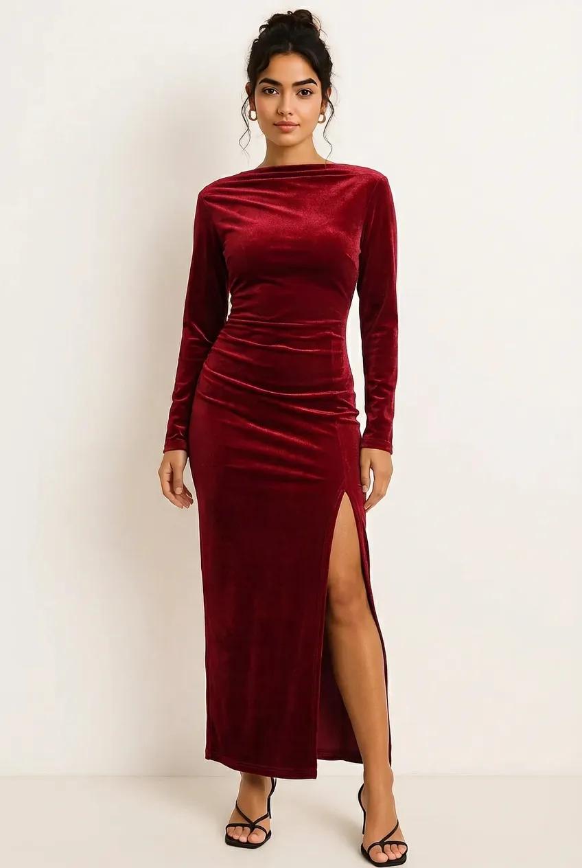 Ruched Velvet Long Sleeve Slit Dress