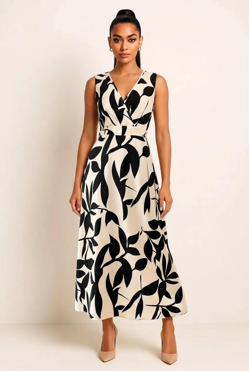 Printed Surplice Wrap Midi Dress