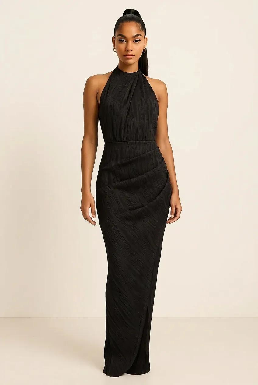 Halter Neck Ruched Slit Dress