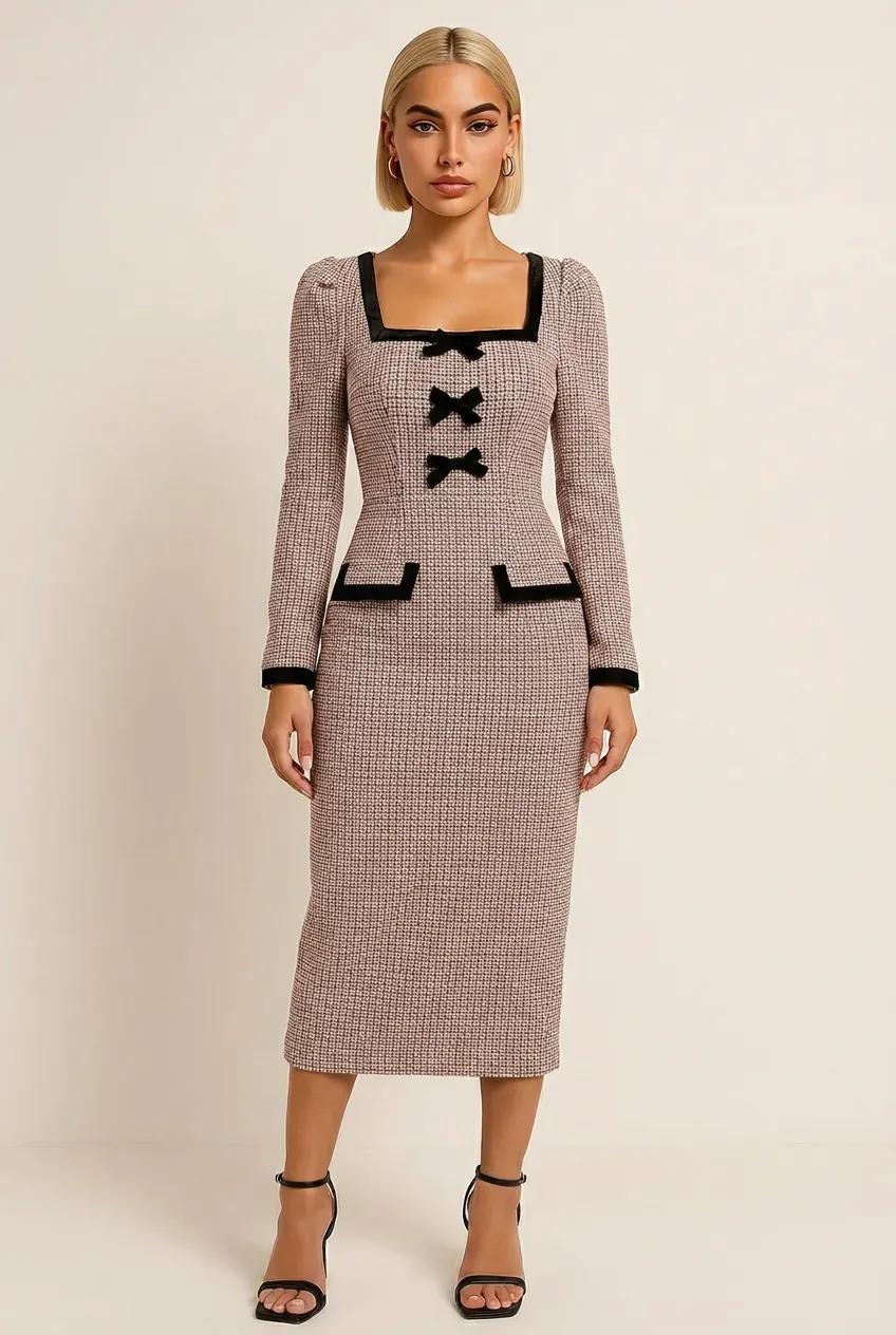 Houndstooth Bow Square Neck Dress