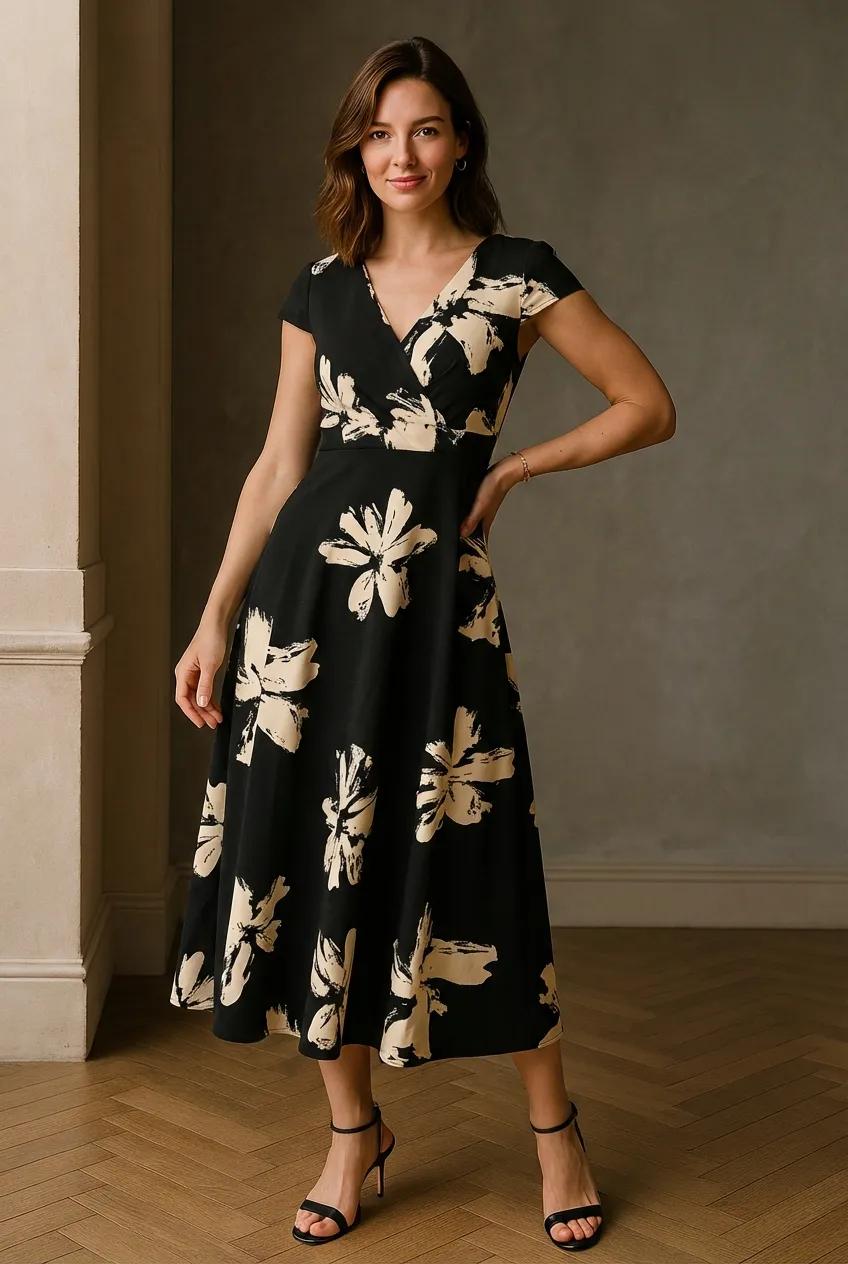 Printed Surplice Wrap Midi Dress