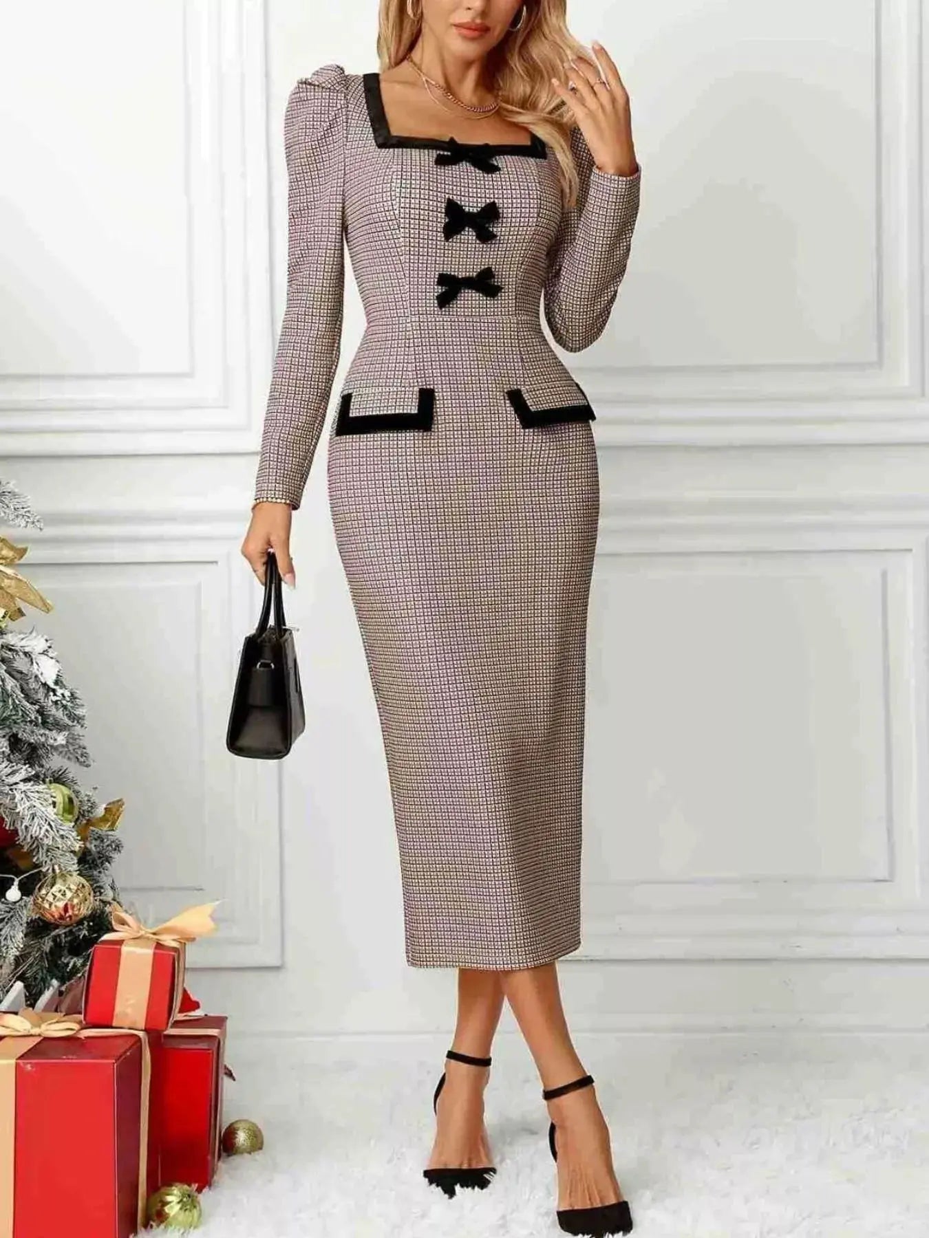 Houndstooth Dress Bow Square Neck Dress