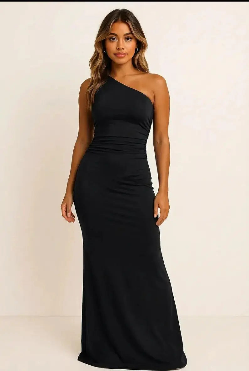 One-Shoulder Dress Ruched Bodycon Maxi Dress